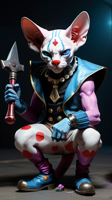 Prompt: A cyberpunk sphynx cat with a fullbody design, adorned with Killer-clown make-up and a big Hammer in his hands. The anthropomorphic pose gives off a mischievous vibe, while the Killer-clown body and shoes add a touch of playfulness.