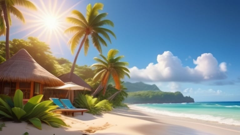 Prompt: A beachfront paradise, tropical terrain, holiday resort, sun flare, tropical colors, landscape photography, beautiful landscape, ultra-detailed, vibrant scenery, photorealistic, hyperrealistic: