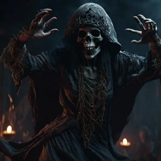 Prompt: Best Detailed, extremely detailed 8k wallpaper),a medium shot photo of a fearful necromancer while dance the hiphop, intricate, high detail, dramatic, spooky, halloween, scary, fantasy, mystical, scary, fantasy, featured on artstation, 8k