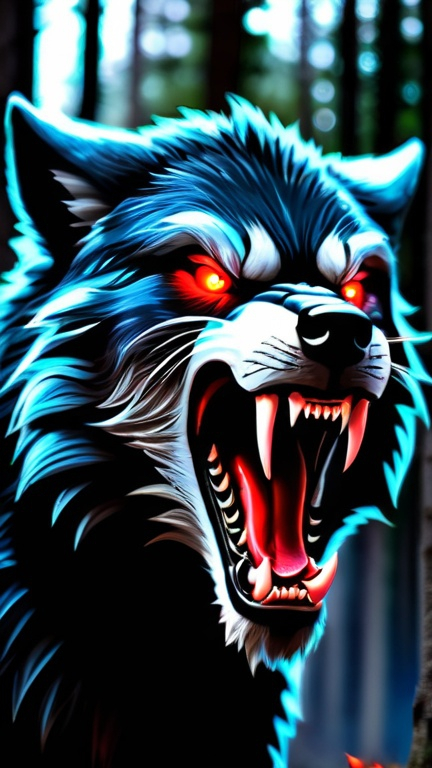 Prompt: A fearsome monster, half werewolf and half humanoid, with piercing red glowing eyes, sharp claws, and a powerful build. The monster's fur is a mix of human hair and wolf fur, and its face is twisted into a menacing snarl. The monster stands in a dark forest, backlit by an eerie moon, and its fangs dripping with saliva.