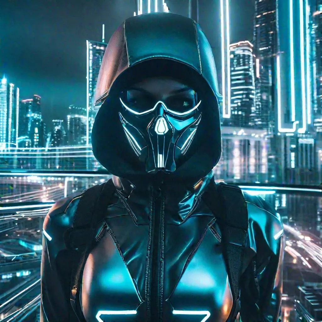 Prompt: Close-up shot of a Cyberwoman wearing a transparent glow skull-shaped mask standing in front of a futuristic cityscape. Shot with a 50mm lens, with post-processing effects including a slight chromatic aberration and a subtle vignette. cypunk, futuristic, mechanic, dystopia, Metropolis city cyberpunk background, trending on artstaion, by greg rutkowski, 8k, art by Simon Stålenhag