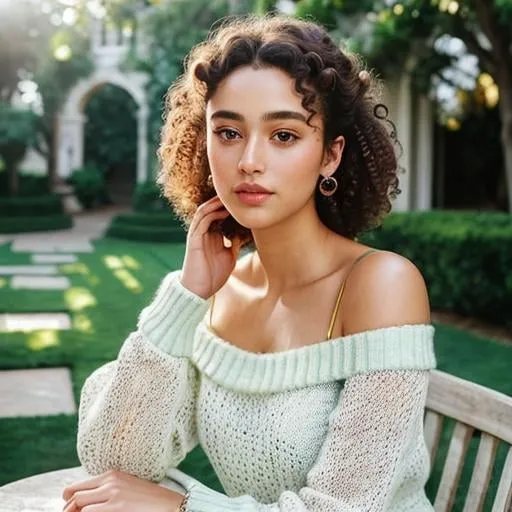 Prompt: Masterpiece, highest image quality, crazy details, exquisite facial depiction, ((solid off-the-shoulder sweater)), delicate face, lovely peerless beauty, curly messy hair, luxurious background depiction, (outdoor chair and garden table sitting, wariza,) stunning, dynamic details, motion blur, (gorgeous light and shadow), (dynamic light), soft focus, true shadows, upper body close-up, Depth of field, Miki Asai Macro photography, close-up, hyper detailed, trending on artstation, sharp focus, studio photo, intricate details, highly detailed, by greg rutkowski