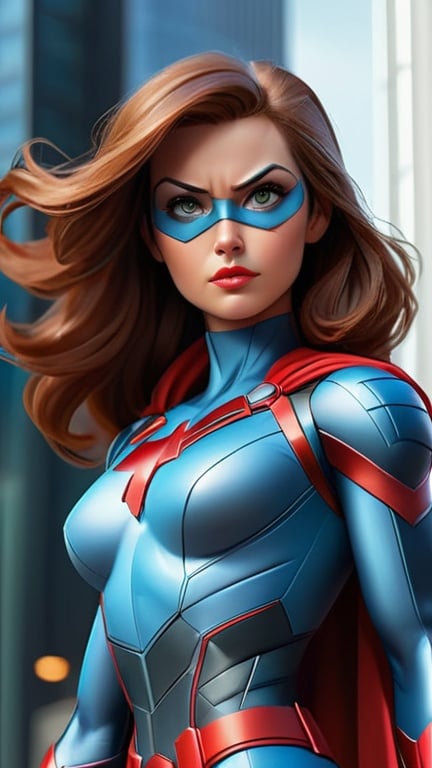 Prompt: Close-up shot of superhero, male or female, confident pose, Marvel comics style, sleek and modern costume, futuristic city background, towering skyscrapers, flying vehicles, practical and stylish costume, heroic, detailed facial features, highres, ultra-detailed, comic book style, futuristic, confident expression, sleek design, professional, atmospheric lighting, dynamic composition
