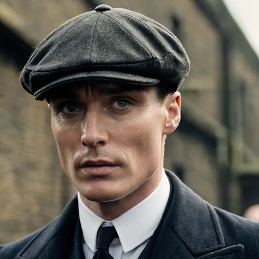 Prompt: A close-up shot of Cillian Murphy as Tommy Shelby, from the Peaky Blinders movie. Tommy is wearing his signature Peaky Blinders flat cap, suit, and tie. His face is stern and determined, and his eyes are cold and calculating. His skin is pale and there are lines around his eyes and mouth that speak of years of hardship and struggle