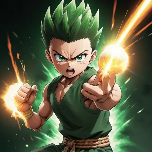 Prompt: Gon Freecss, the determined young hunter, unleashes his signature attack, Jajanken: Rock. Render in a detailed style, capturing the focused expression and powerful punch. Gon's body tenses as he concentrates his aura into a devastating blow. Utilize dynamic lighting and a vibrant color palette to depict the raw power of his attack.