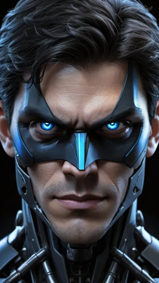 Prompt: Photorealistic portrait, Nightwing, extreme close-up, detailed face-skull-like mech with a combination of human and metallic characteristics, dark and moody color palette, glowing blue eyes, intricate mechanical textures, realistic lighting to emphasize the fusion of man and machine