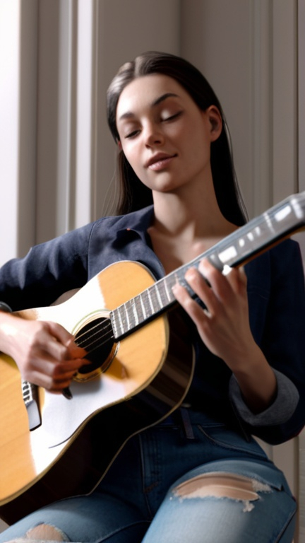 Prompt: life-like portrait of a woman playing the guitar, stunning, photorealism, unreal engine, octane render, niji 5