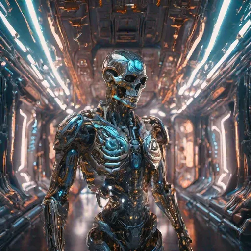 Prompt: Ultra-detailed cyborg in a spaceship, with anthropomorphic cybernetic skeleton elements on metal armor, neon lights reflections, reflection mapping, intricate design and details, dramatic lighting, hyperrealism, photorealistic, cinematic