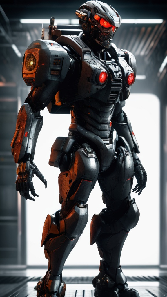 Prompt: Photorealistic, full-body rendering, Tyrant zombie biological weapon from Resident Evil movie, ultra-detailed, front camera angle, exhibiting an imposing, herculean physique with decomposing, mech with a menacing and formidable appearance, dark and shadowy color scheme, armored, piercing red-fire glowing eyes, intricate mechanical design, high-resolution image capturing the complex fusion of human and machine, sickly grey, emphasizing the nightmarish and formidable presence, skin, and a muscular right-arm adorned with a formidable eye and a colossal clawed hand, depicted in a spectrum of ashen grays  