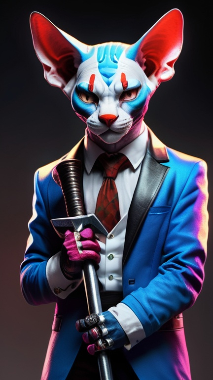 Prompt: A cyberpunk sphynx cat with a fullbody design, adorned with Killer-clown make-up and a big Hammer in his hands. The anthropomorphic pose gives off a mischievous vibe, while the Killer-clown body and shoes add a touch of playfulness.