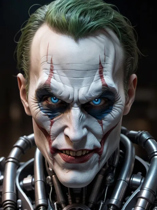 Prompt: Photorealistic portrait, Joker, extreme close-up, detailed face-skull-like mech with a combination of human and metallic characteristics, dark and moody color palette, glowing blue eyes, intricate mechanical textures, realistic lighting to emphasize the fusion of man and machine