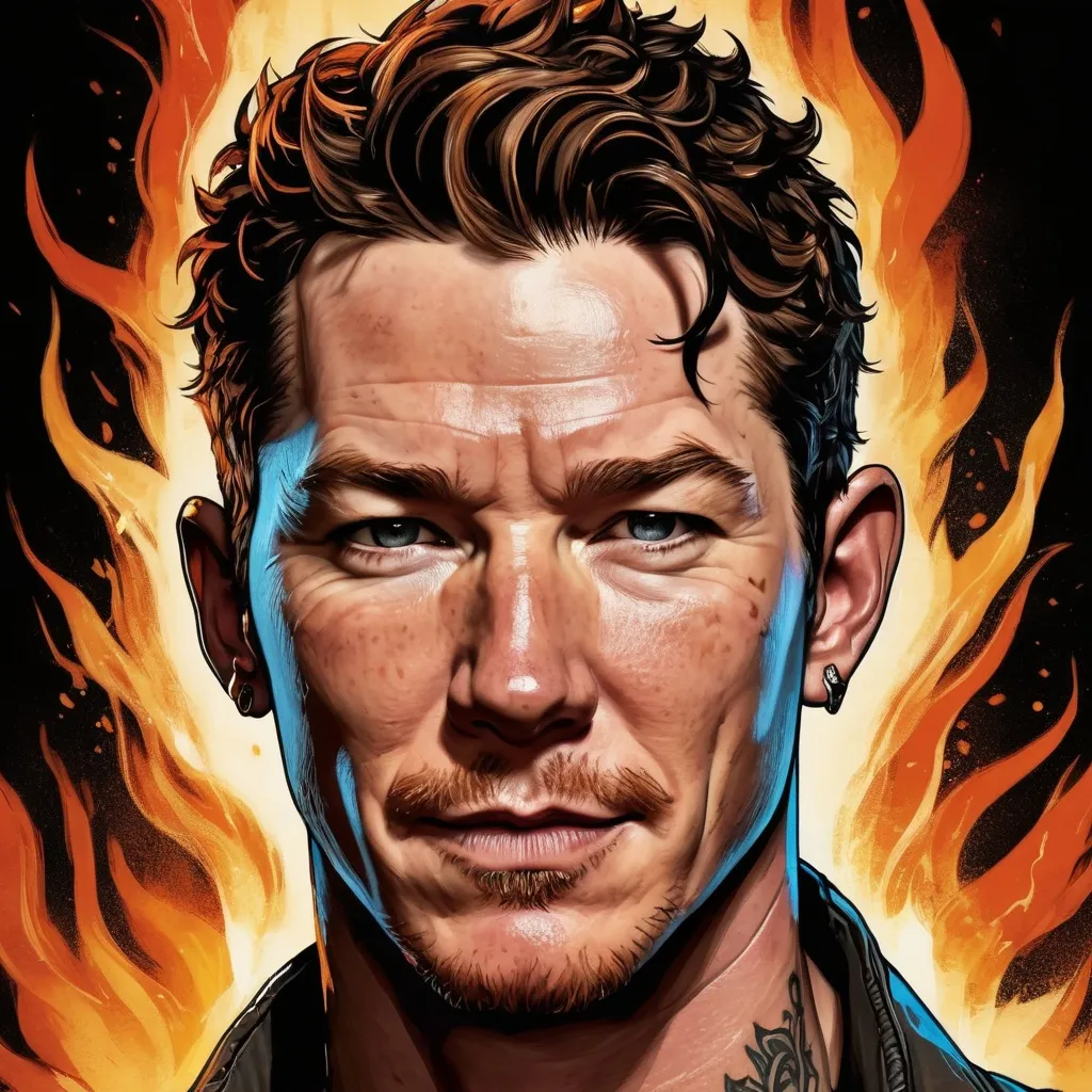 Prompt: A stylized and dynamic portrait of Shawn Hatosy as Andrew "Pope" Cody, in the style of Borderlands. His face is twisted into a snarl, and his eyes are glowing with a predatory intensity. His tattoos are intricately detailed, and his skin is covered in scars from years of survivor. His hair is long and greasy, and his clothes are ripped and dirty. The background is a blazing inferno, with flames