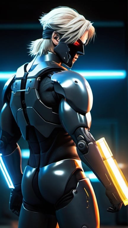 Prompt: Tilt shot of Raiden the cyberninja from Metal Gear Solid 2 videogame performing a special mission on the cyberpunk militar camp, neon lighting, detailed, realistic, trending on ArtStation. Body: Athletic, wearing an advanced armored ninja suit with cybernetic enhancements.
