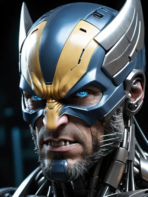 Prompt: Photorealistic portrait, Wolverine, extreme close-up, detailed face-skull-like mech with a combination of human and metallic characteristics, dark and moody color palette, glowing blue eyes, intricate mechanical textures, realistic lighting to emphasize the fusion of man and machine