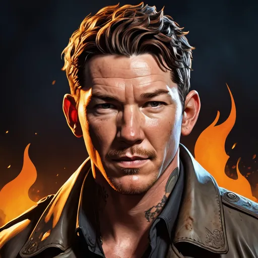 Prompt: A stylized and dynamic portrait of Shawn Hatosy as Andrew "Pope" Cody, in the style of Borderlands. His face is twisted into a snarl, and his eyes are glowing with a predatory intensity. His tattoos are intricately detailed, and his skin is covered in scars from years of survivor. His hair is long and greasy, and his clothes are ripped and dirty. The background is a blazing inferno, with flames