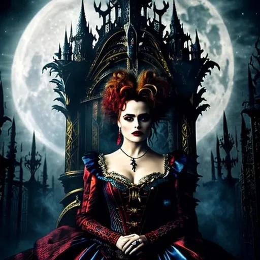 Prompt: A masterpiece, close-up shot of The Red Queen (Helena Bonham Carter) from Alice in Wonderland in Darkest Gothic style, with a big head. The subject is sitting on a throne in a dark, creepy castle with a sinister expression and glowing eyes. The image features twisted architecture and a full moon in the background. The painting is done in oil on canvas and is in 4K resolution, fantasy, nature, winter, bizarre, colored, 8k