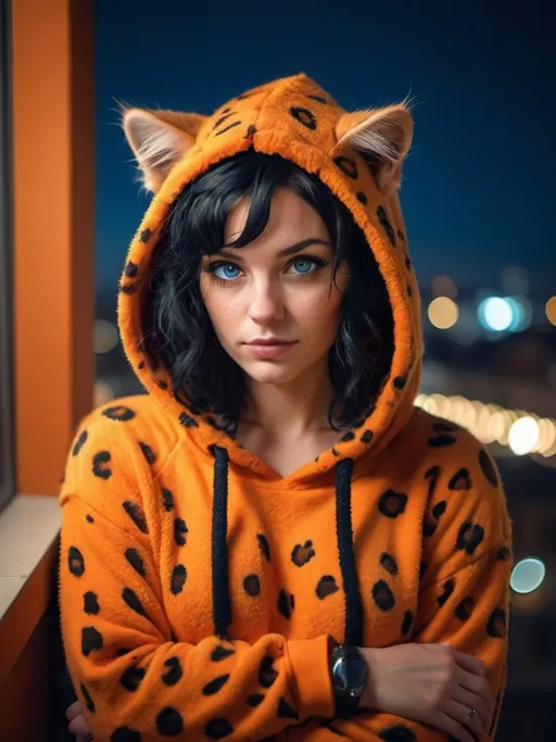 Prompt: A beutiful european woman 30-years-old, wears a orange leopard cute, furry animal hoodie with cat ears, a fluffy hoodie sweater, short messy curly black hair, blue eyes, tattoos, on the balcony in the night  depth of field f0.9, window street night light, ultra-realistic, sharp focus, detailed background