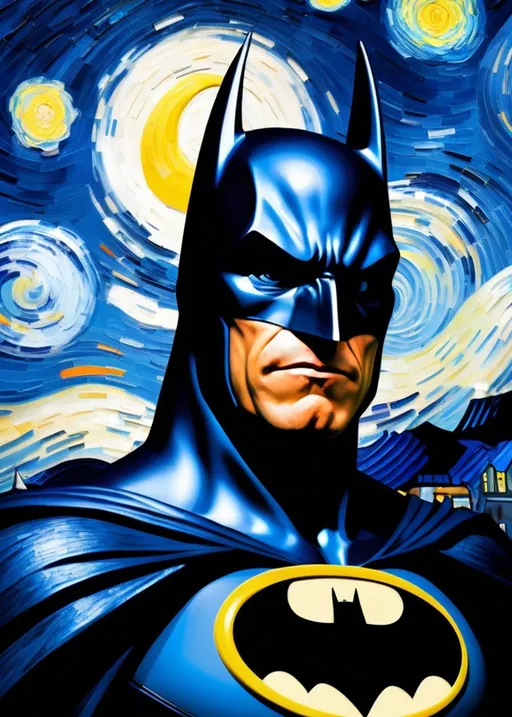 Prompt: Merge the dark and mysterious persona of Batman with the swirling and expressive brushstrokes of Vincent van Gogh. Create a masterpiece that explores the depths of emotion while showcasing the iconic superhero.