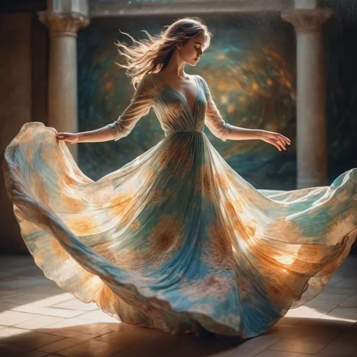 Prompt: An image of a mesmerizing Instagram woman twirling in a flowing dress, bathed in a soft, ethereal glow. The intricate lighting patterns create a dreamlike atmosphere, reminiscent of the works of Monet, Van Gogh, and Klimt. This captivating image showcases the woman's elegance and captures the essence of timeless beauty.