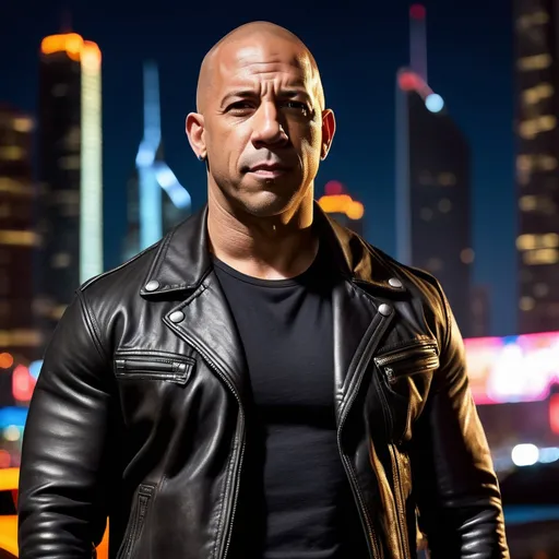Prompt: A stylized and dynamic portrait of Vin Diesel from the Fast and Furious movie franchise, in the style of Borderlands. Vin has a rugged and charismatic expression on his face, and his eyes are twinkling with mischief. He has a muscular physique, with defined pecs and triceps. He is wearing a black leather jacket and jeans, and he has a pair of aviator sunglasses perched on his head. The background is a neon-lit cityscape, with towering skyscrapers and flashing lights