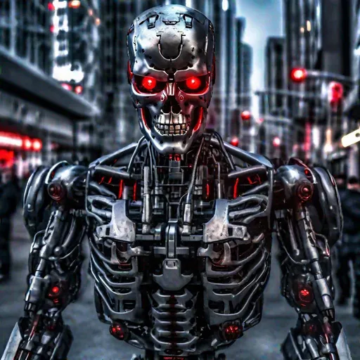Prompt: Ultra Realistic, dark theme, red eyes, terminator while dance the shuffle, war machine, manufactures on background, street, hdr, city, metal skull, red eyes, skratches, rough metal, metal wires, exoskelet, hdr, raytracing, rev-9, reflections, (close-up:1.2), (intricate details:0.9), (hdr, hyperdetailed:1.2), cypunk, futuristic, mechanic, dystopia, trending on artstaion, by greg rutkowski,  8k, blade runner, cyberpunk 2097