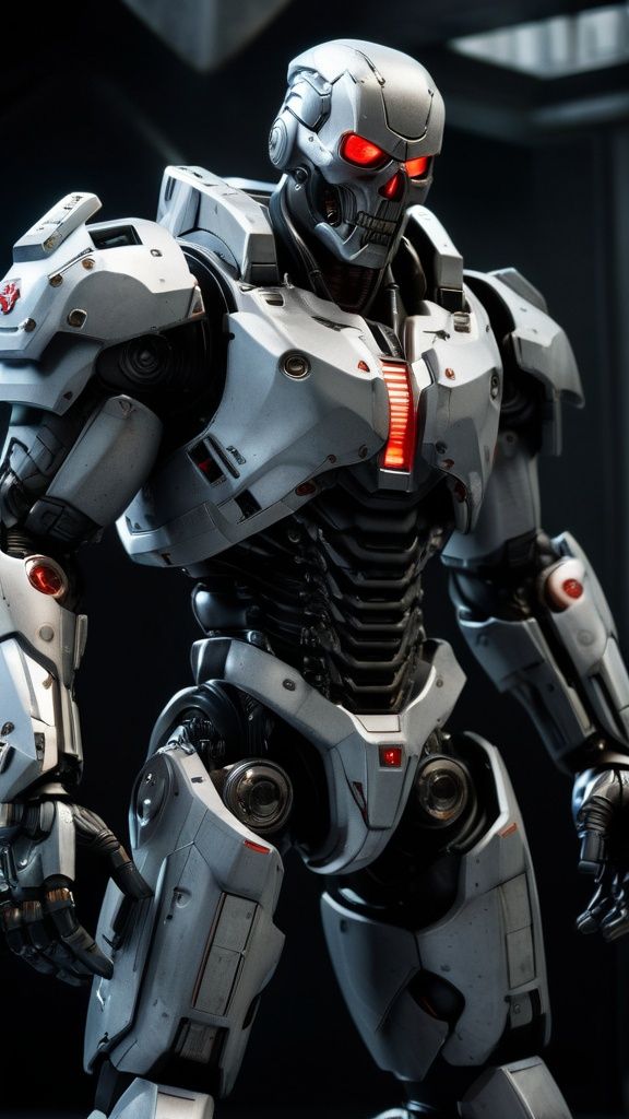 Prompt: Photorealistic, full-body rendering, Tyrant zombie biological weapon from Resident Evil movie, ultra-detailed, front camera angle, exhibiting an imposing, herculean physique with decomposing, mech with a menacing and formidable appearance, dark and shadowy color scheme, armored, piercing red-fire glowing eyes, intricate mechanical design, high-resolution image capturing the complex fusion of human and machine, sickly grey, emphasizing the nightmarish and formidable presence, skin, and a muscular right-arm adorned with a formidable eye and a colossal clawed hand, depicted in a spectrum of ashen grays  