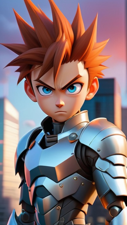 Prompt: Create a poster featuring an original anime-style character. The character is a young hero with spiky hair and bright, determined eyes. They are wearing a futuristic suit of armor and striking a dynamic pose. The background is a cityscape at sunset, with tall buildings silhouetted against a vibrant sky. The overall style of the poster is reminiscent of anime, with bold lines, dramatic lighting, and a sense of action and excitement