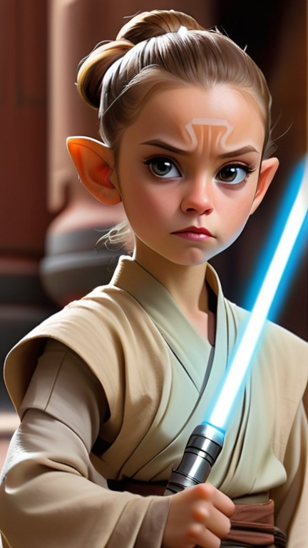 Prompt:  A close-up shot of a young Jedi Padawan, either male or female, in the style of Star Wars. They have a determined and eager expression on their face, and they are clearly ready to learn from their masters. They are wearing a simple tunic and trousers, and they are carrying a lightsaber belt. The background is a bustling Jedi Temple, with other Padawans and Jedi Knights training and meditating.