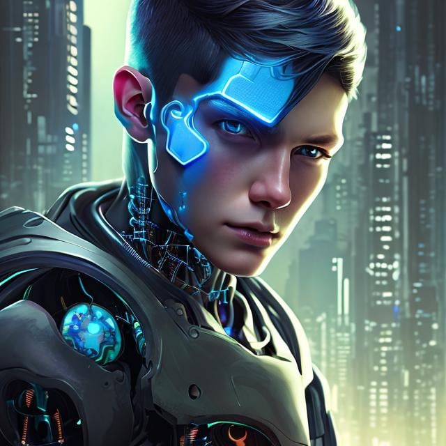 Prompt: Might Atom a android boy, cyberpunk, 8k, by artgerm, by greg rutwoski, ultra realistic