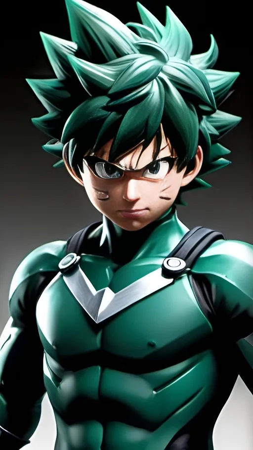 Prompt: Ultra realistic Izuku Midoriya, the aspiring hero, activates his powerful quirk, One For All, at Full Cowl. Render in a detailed style, capturing the controlled release of energy and the lightning sparking around his body. Izuku's determined expression reflects his focus as he utilizes the quirk's power without self-harm. Utilize dynamic lighting and a mix of green and black hues to depict the controlled power of One For All Full Cowl.