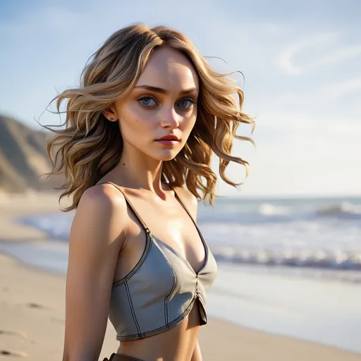 Prompt: The Borderlands ocean waves gently lap at Lily-Rose Depp's face as she stands barefoot on the sandy shore. Her gaze is fixed on the horizon, a hint of determination and adventure in her eyes. Her body is poised and ready for action, her arms slightly flexed, ready to embrace the challenges that lie ahead. Her entire being radiates strength and resilience, embodying the spirit of Borderlands' stylized heroines.