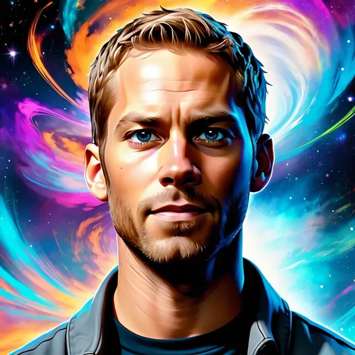 Prompt: A stylized and dynamic portrait of Paul Walker from the Fast and Furious movie franchise, in the style of Borderlands. He has a powerful aura about him, and his presence fills the scene with energy. He is surrounded by swirling energy and vibrant colors. The background is a cosmic nebula, with stars and galaxies swirling around him