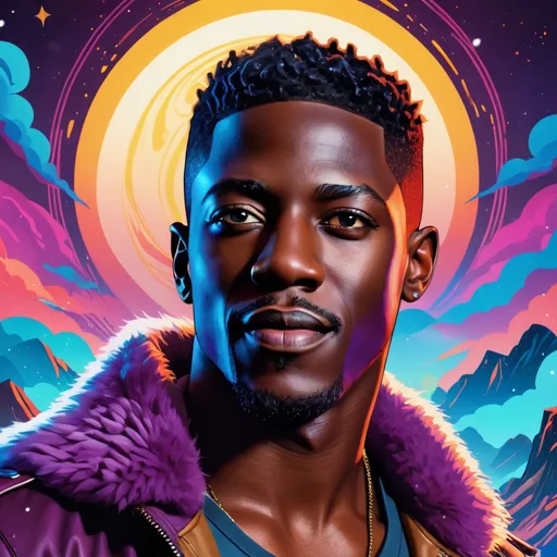 Prompt: A stylized and dynamic portrait of the actress Damson Idris, who stars in the Snowfall TV series, in the style of Borderlands. Damson has a handsome face with sharp features and a mischievous smile. His eyes are intense and his body is toned and muscular. He is surrounded by swirling energy and vibrant colors, and his skin is glowing with an otherworldly radiance. The background is a psychedelic dreamscape, with floating rocks and swirling clouds.