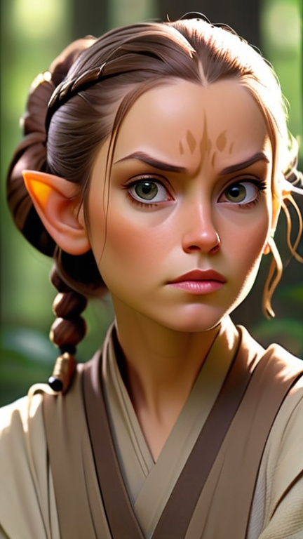 Prompt:  A close-up shot of a Jedi Knight, either male or female, in the style of Star Wars. They have a serene and focused expression on their face, and their eyes radiate with wisdom and power. They are wearing traditional Jedi robes, and their hair is neatly tied back. The background is a tranquil forest, with tall trees and dappled sunlight