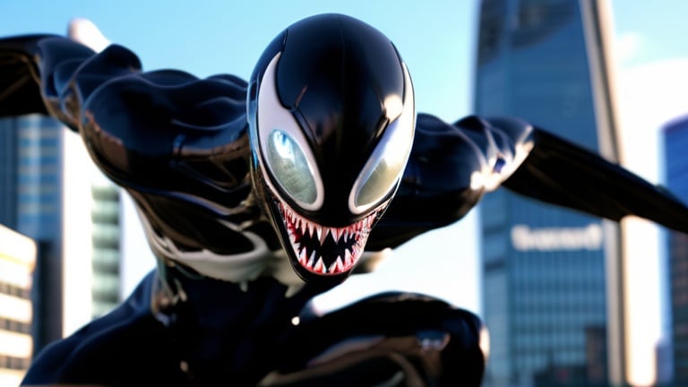 Prompt: Beast half humanoid half fish-like and half symbiote, beast, humanoid, fish-like, symbiote, smooth skin, blue eyes with horizontal pupil, oval head, smiling mouth, hidden fangs, athletic body, flexible tail, protrusions on the legs, wings, city, skyscrapers, streets, cars, walk, camera, Bordelands, Artgerm, Giger, Artstation, Grimlrock, close-up shot, blue lights, reflections, digital art, octane rendering, 8k, details, color, contrast, (depth), (3D)