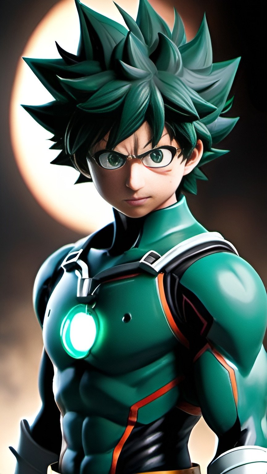 Prompt: Ultra realistic Izuku Midoriya, the aspiring hero, activates his powerful quirk, One For All, at Full Cowl. Render in a detailed style, capturing the controlled release of energy and the lightning sparking around his body. Izuku's determined expression reflects his focus as he utilizes the quirk's power without self-harm. Utilize dynamic lighting and a mix of green and black hues to depict the controlled power of One For All Full Cowl.