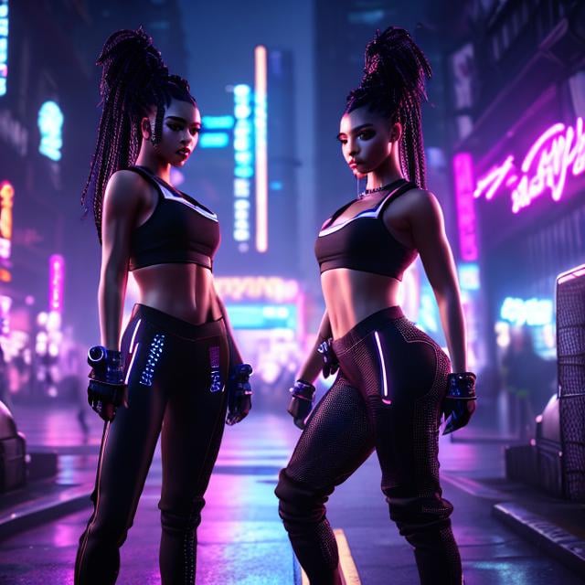 Prompt: a detailed scene of 2 twin women street dancers, dancing hip-hop in cybergoth city background, beautiful caucasic women, sensual, wear hiphop clothes with glowing led Sneakers, cypunk, futuristic, mechanic, dystopia, trending on artstaion, by greg rutkowski,  8k