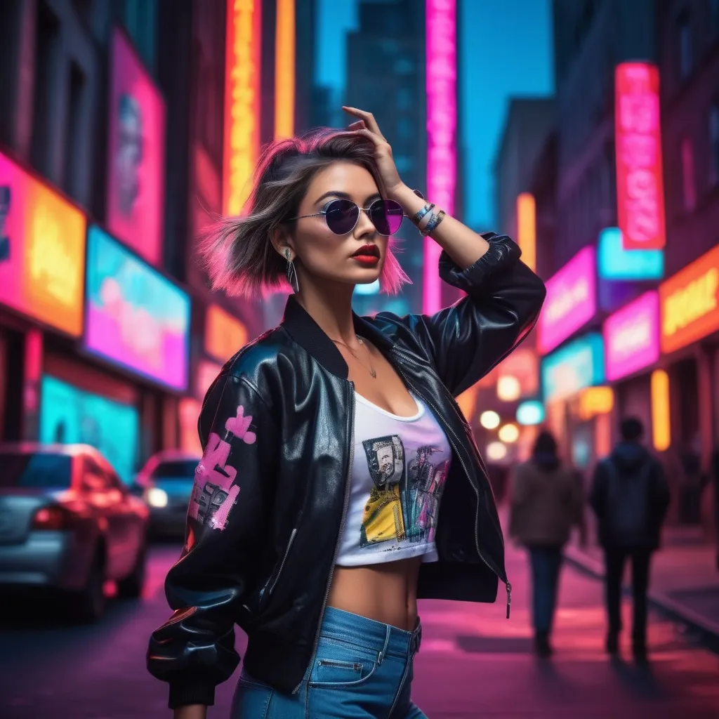 Futuristic and stylish 1980s fashion female model poses in the night city  lights. Generative AI 26806595 Stock Photo at Vecteezy