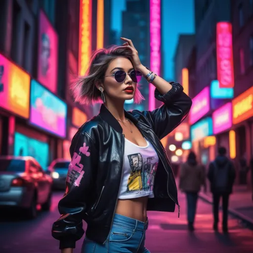 Prompt: Close-up shot of a  Instagram woman striking a pose against a vibrant urban backdrop, surrounded by neon lights that flicker and dance to the rhythm of the city. The detailed, high-definition image captures the energy and allure of the woman, reminiscent of the styles of Andy Warhol, Keith Haring, and Banksy. This trending artwork stands out with its unique blend of pop culture and street art.