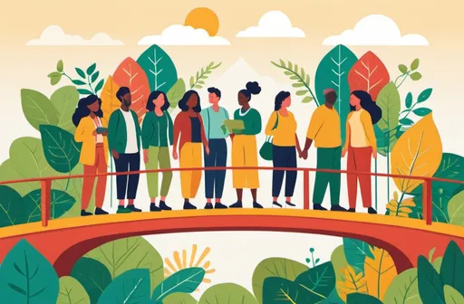 Prompt: Flat illustration, vibrant and colorful, depicting a diverse group of people of multiple ethnicities on a bridge actively collaborating, surrounded by health elements, flourishing greenery symbolizing well-being. Emphasize citizens and residents engaging with researchers, lifestyle coaches, well-being professionals, and directors. A harmonious atmosphere, embodying community, health, and cooperation in a lively, inviting environment. Ideal for conveying teamwork and commitment to health. 