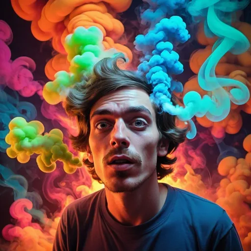 Prompt: Cartoon guy stoned in a smoke-filled room, psychedelic art style, vibrant and vivid colors, swirling smoke patterns, trippy visual effects, exaggerated facial expressions, exaggerated body movements, surreal atmosphere, high quality, highres, vibrant colors, psychedelic, cartoon character, smoke-filled room, exaggerated features, trippy effects, surreal, vibrant lighting