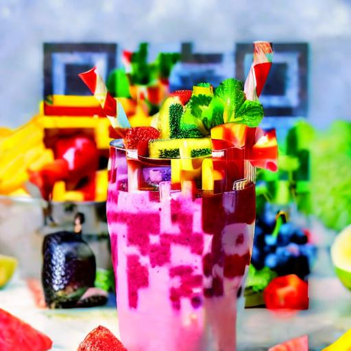 Prompt: A picture of a delicious smoothie with a bunch of fruits and vegetables in the background.