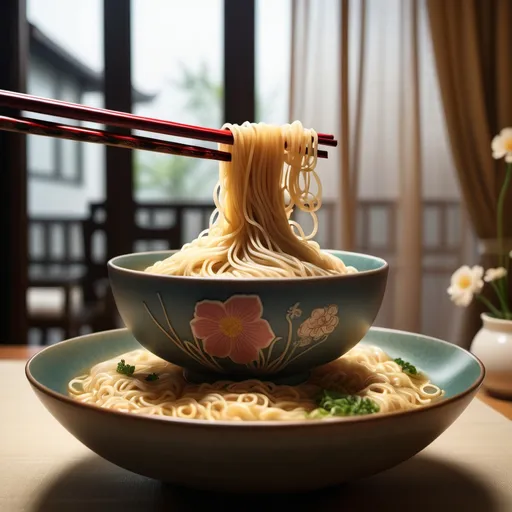 Prompt: A bowl of noodles artfully lifted by chopsticks, the noodles forming a figure-like shape. The scene is set on a table with a teapot and flowers in the background, with warm, soft lighting filtering through sheer curtains, creating a cozy and inviting atmosphere. The focus is on the noodles, which appear to be almost dancing, with a realistic, detailed, and slightly surreal style."