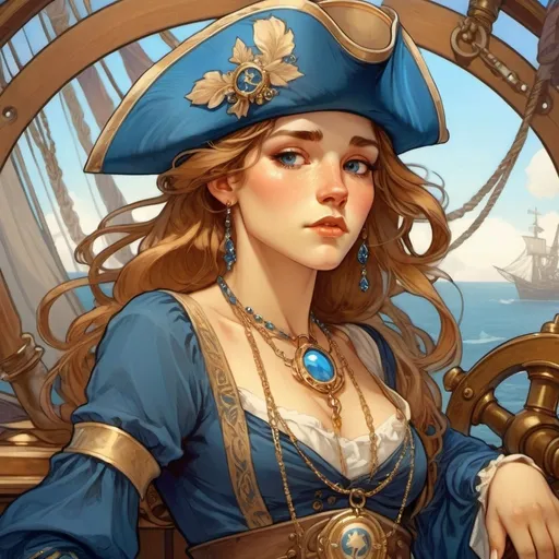 Prompt: A younger, female pirate of English decent. Soft facial features. Dressed in blue regal fabrics and gold jewelry. Soft eyes, round face. And a Captains hat