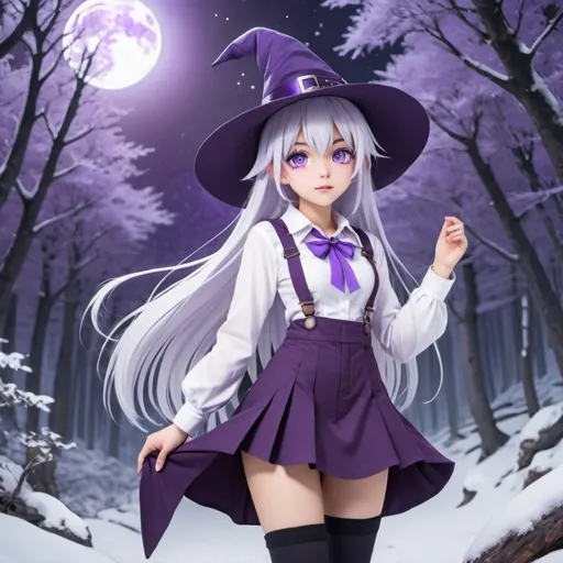 Prompt: A anime mage girl with white hair, purple witches hat, a white shirt, purple overall skirt, purple eyes in a snowy forest under the purple moon