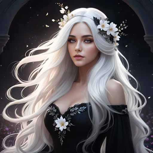 Prompt: a woman with long white hair and a black dress with flowers in her hair, detailed matte fantasy portrait, fantasy art portrait, digital fantasy portrait, stunning digital illustration, beautiful fantasy art portrait, digital fantasy art ), dark fantasy style art, fantasy art style, beautiful fantasy portrait, fantasy portrait, fantasy concept art portrait, fantasy portrait art, dark fantasy portrait