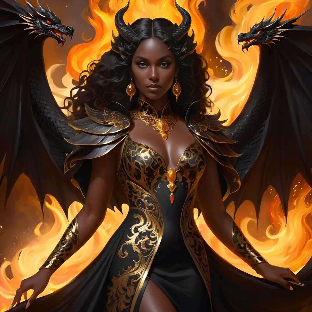 Prompt: portrait of ((a beautiful dark woman)) with (black dragon wings) (wearing a black and gold dress) (surrounded by fire) ; (intricate detail) ; high-quality ; (ornate motifs) ; (flowing hair) ; centered ; (symmetric face) ; ArtStation ; wlop ; (greg rutkowski)