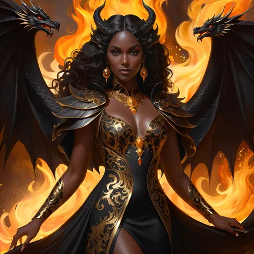Prompt: portrait of ((a beautiful dark woman)) with (black dragon wings) (wearing a black and gold dress) (surrounded by fire) ; (intricate detail) ; high-quality ; (ornate motifs) ; (flowing hair) ; centered ; (symmetric face) ; ArtStation ; wlop ; (greg rutkowski)