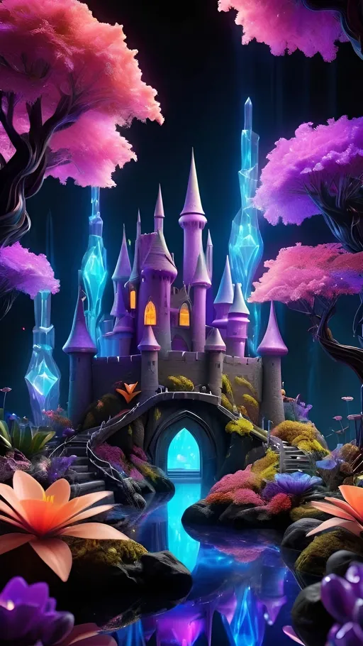 Prompt: https://s.mj.run/x9Zquc21muY , A colorful, and a fantasy world of magic on a black background, with purple and blue neon lights creating a dreamy atmosphere. This floating garden symbolizes creativity and imagination in the style of CGI., with vibrant colors, with amazing details, vibrant colors and lights, magical elements, featuring a magical castle made from colorful crystals surrounded by glowing trees and flowers. The background is black, bioluminescent plants, and glowing details 