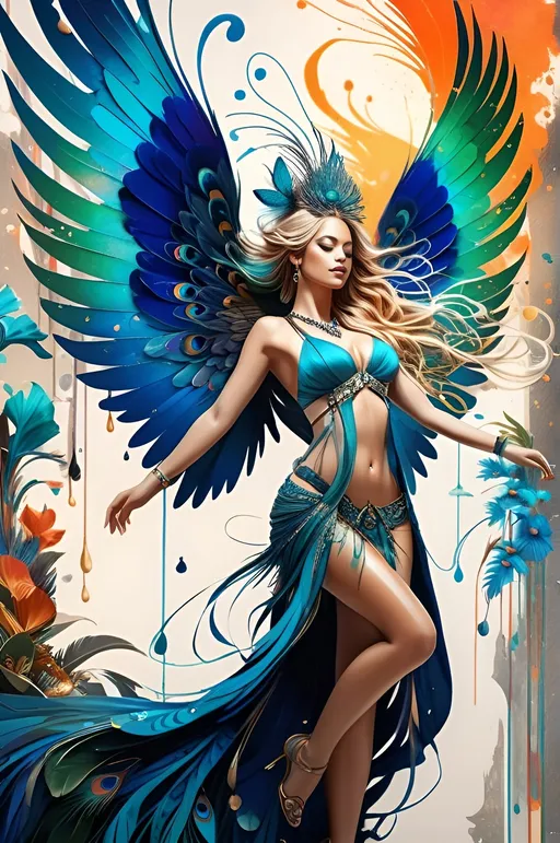 Prompt: ((Splash art)), Candid, full body view, Insanely detailed vibrant fairy portrait, very long braided blond hair, hourglass figure body, incredibly active imagination, ((beautiful ink splatter wings inspired by birds of paradise)), synesthesia, floating figments of imagination, ((highly stylized face and body)), vibrant vapor, fantasy art, radiant, peacock coloring, complex,, highly detailed, perfect composition, Deviantart, artstation, concept art, smooth, sharp focus, Obsidian Abnormal, Carne Griffiths, Victo ngai, Jean Baptiste Monge, dramatic lighting, asymmetry, masterful balance 